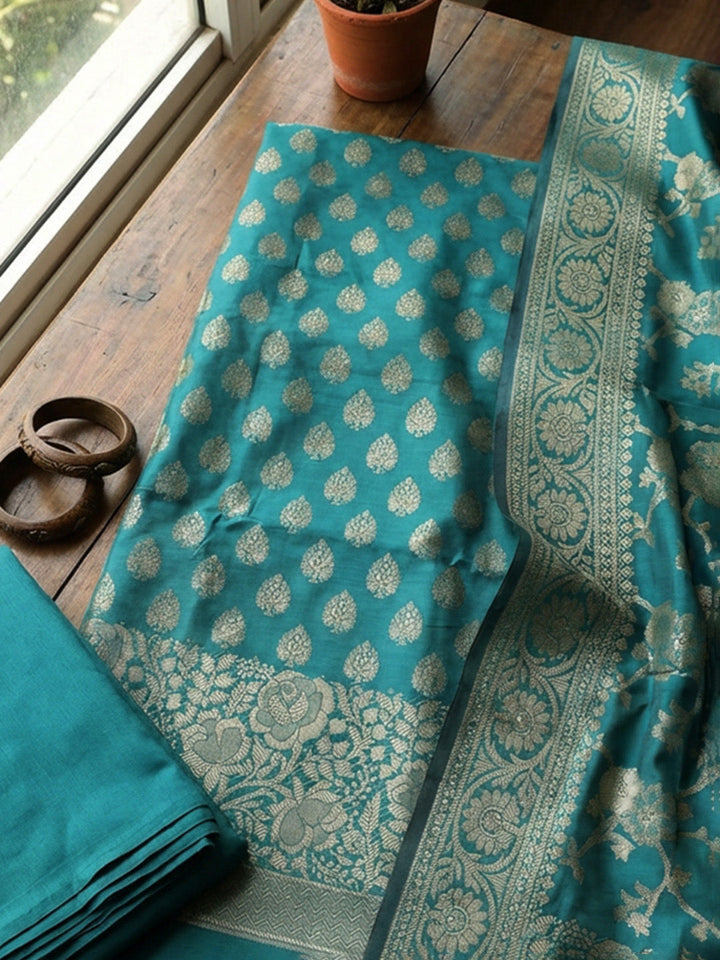 Banarasi Chanderi Unstitched Suit With Pant &amp; Dupatta