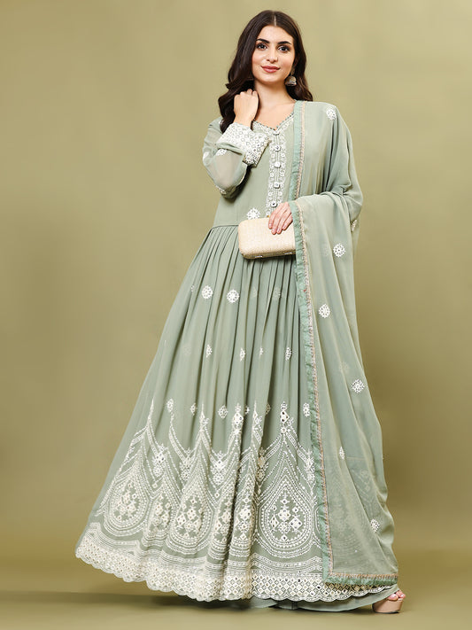 Resham Embroidered Georgette Kurta With Palazzo And Dupatta