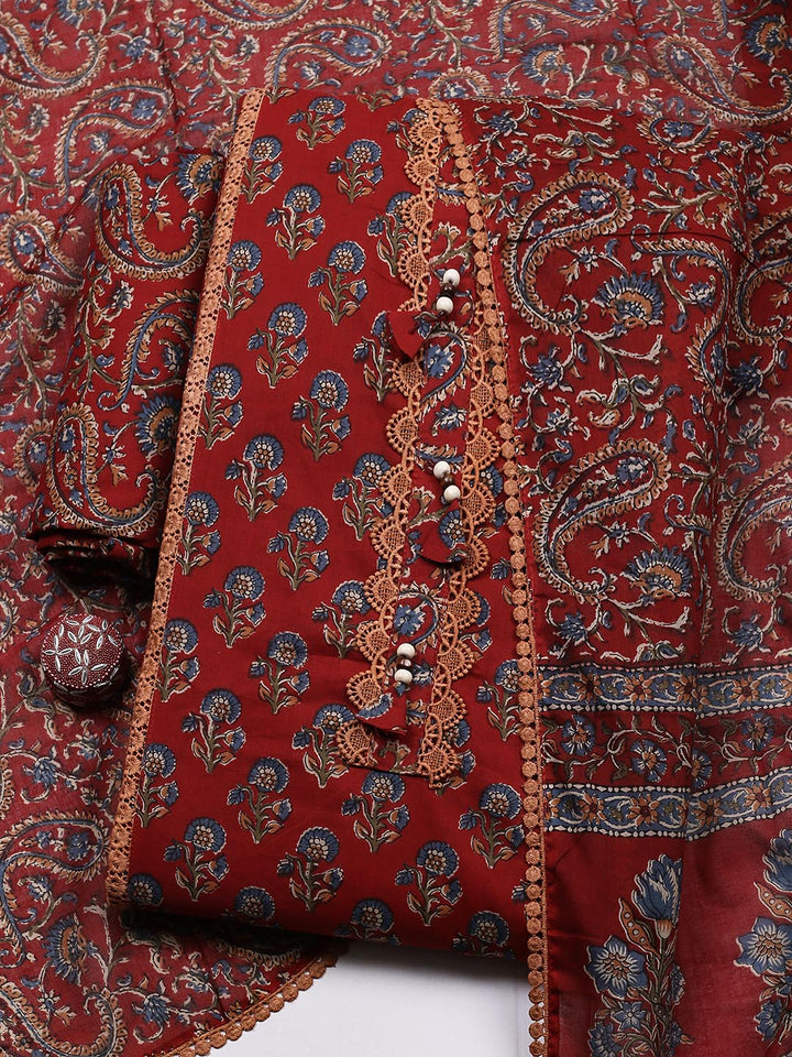 Embroidered Cotton Blend Unstitched Suit With Pant &amp; Dupatta