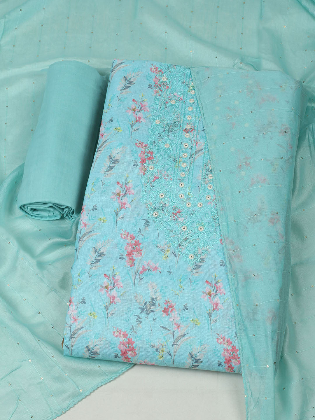 Embroidered Cotton Unstitched Suit With Pant &amp; Dupatta