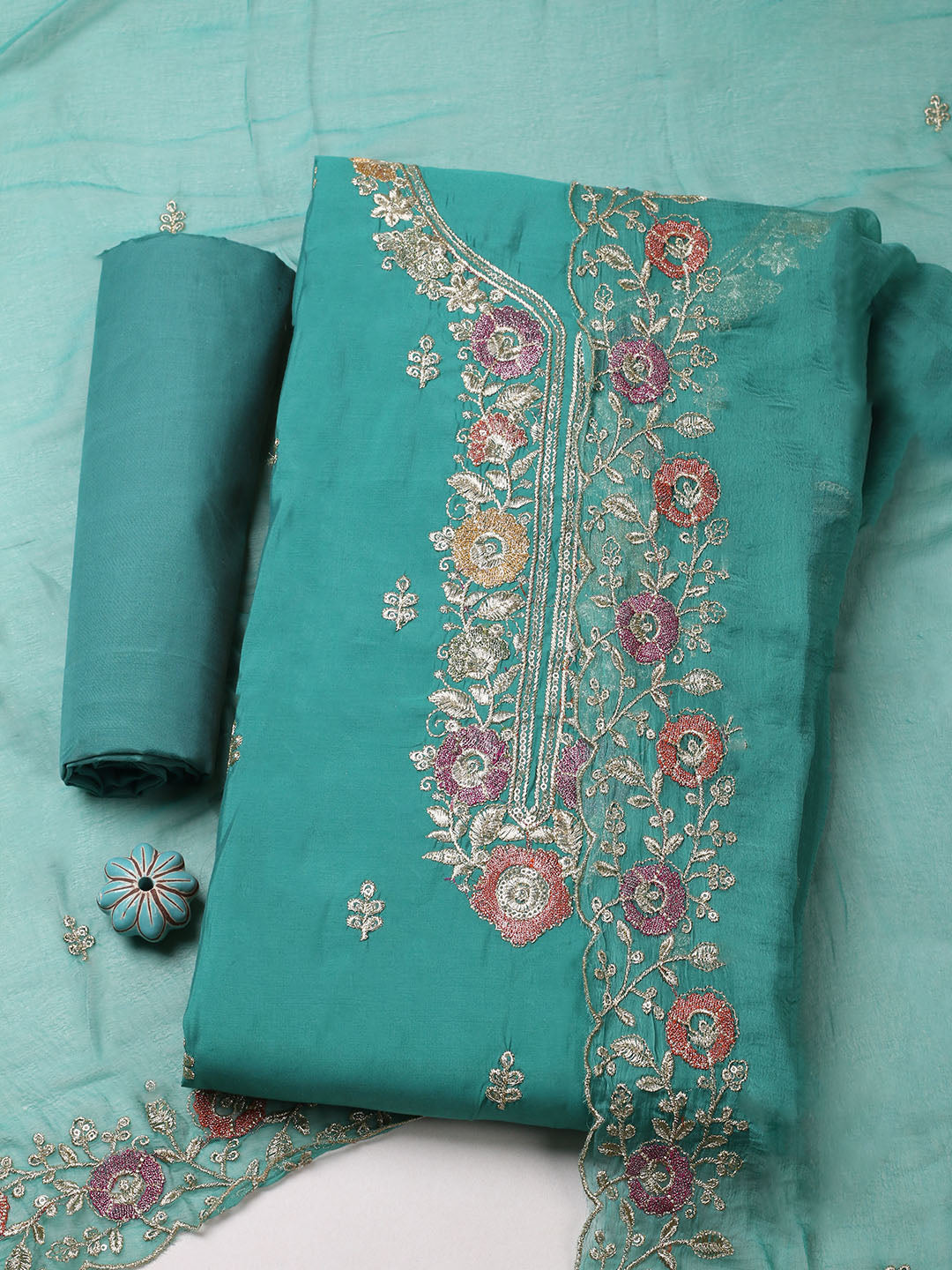 Embroidered Chanderi Unstitched Suit With Pant &amp; Dupatta