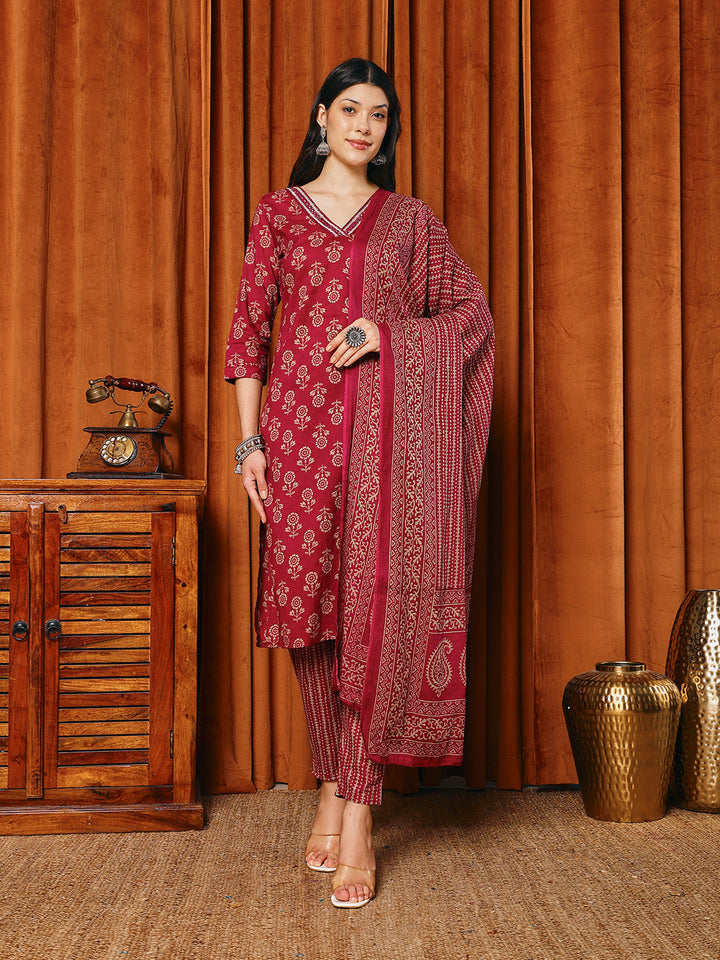 Printed Cotton Blend Kurta With Pants &amp; Dupatta