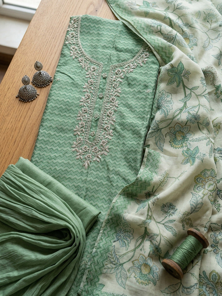 Embroidered Chanderi Unstitched Suit With Pant &amp; Dupatta