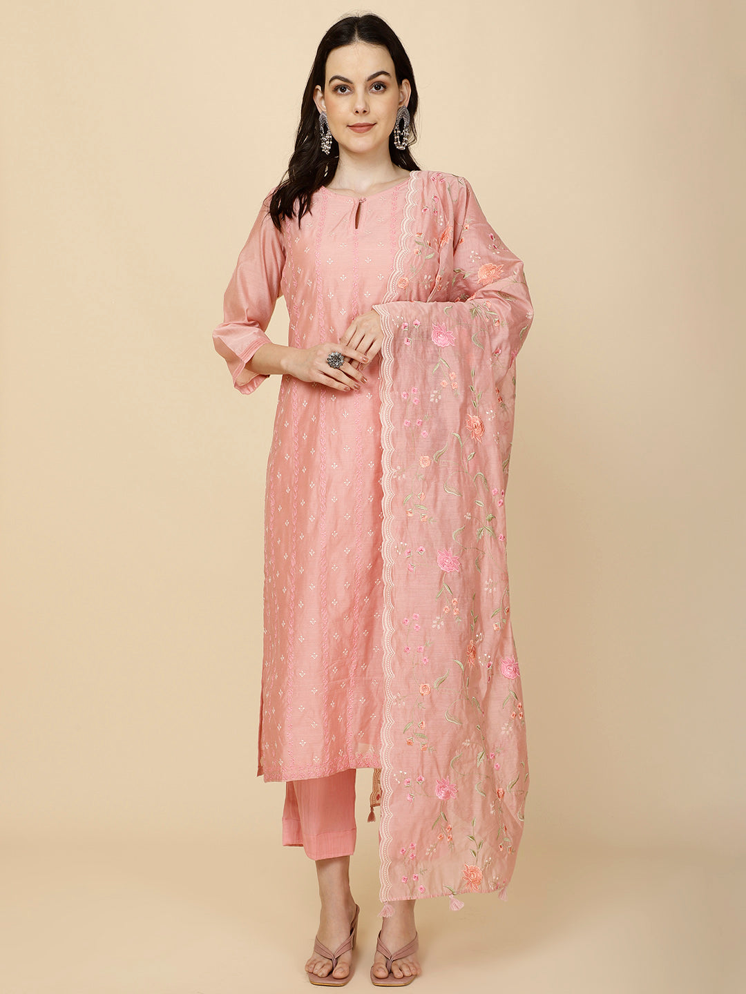 Resham Booti Embroidery Chanderi Suit Set With Dupatta