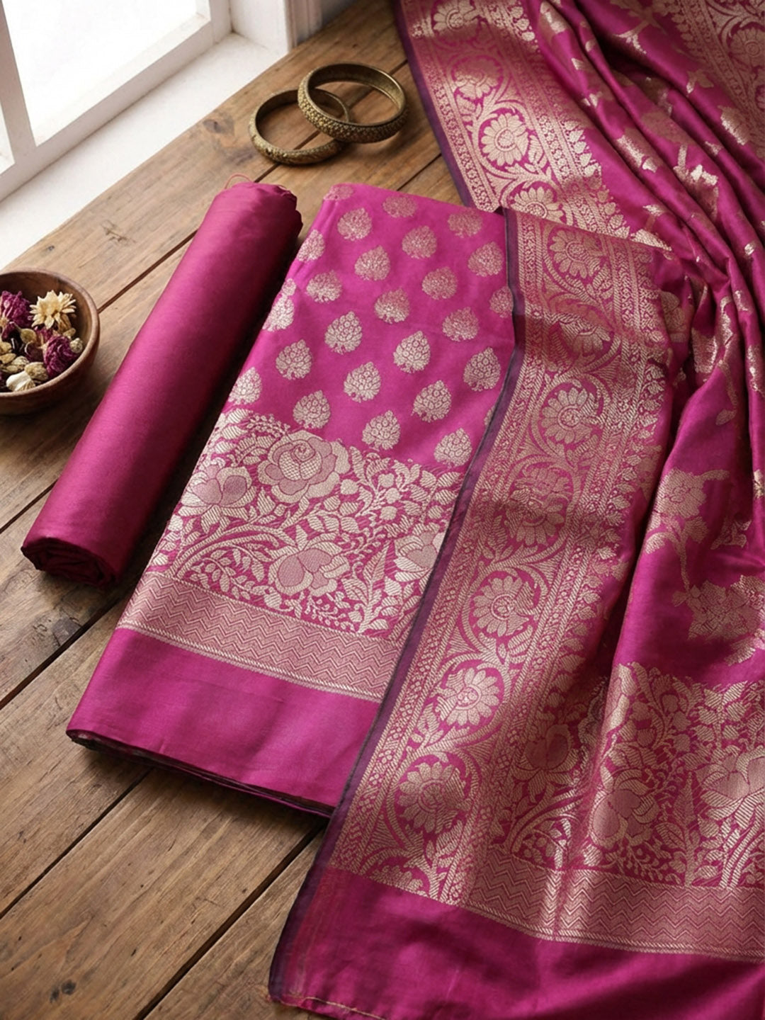 Banarasi Chanderi Unstitched Suit With Pant &amp; Dupatta