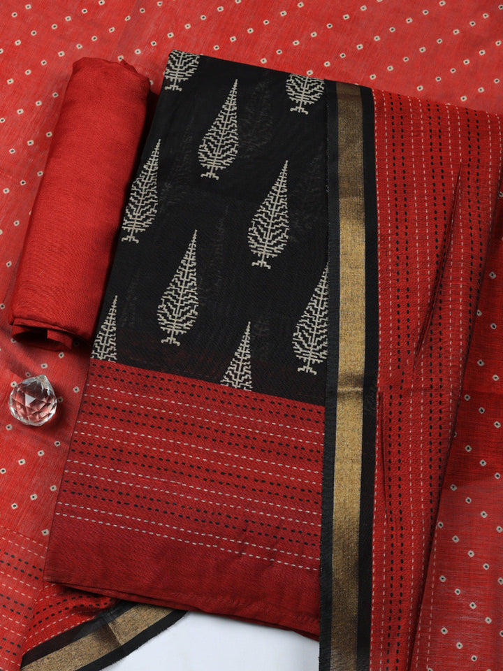 Printed Chanderi Unstitched Suit With Pant &amp; Dupatta