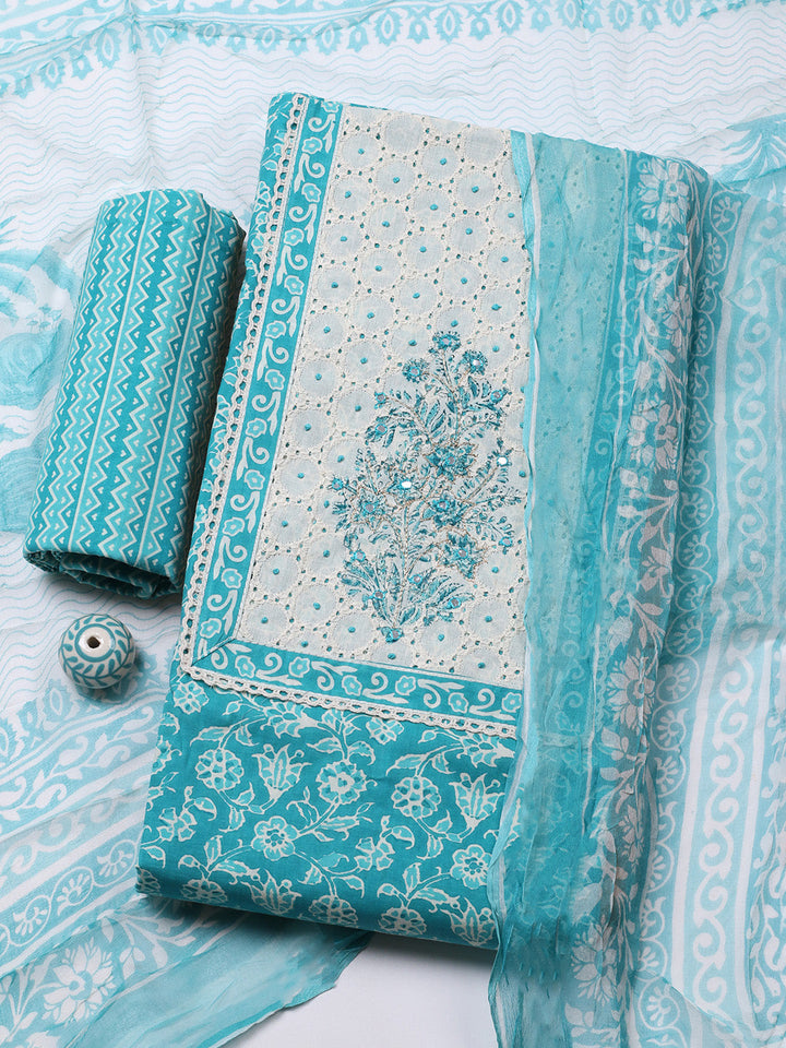 Embroidered Cotton Blend Unstitched Suit With Pant &amp; Dupatta