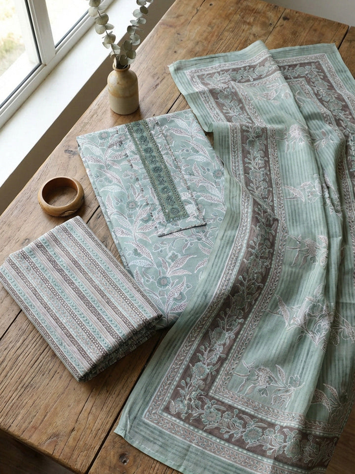 Printed Cotton Blend Unstitched Suit With Pant &amp; Dupatta