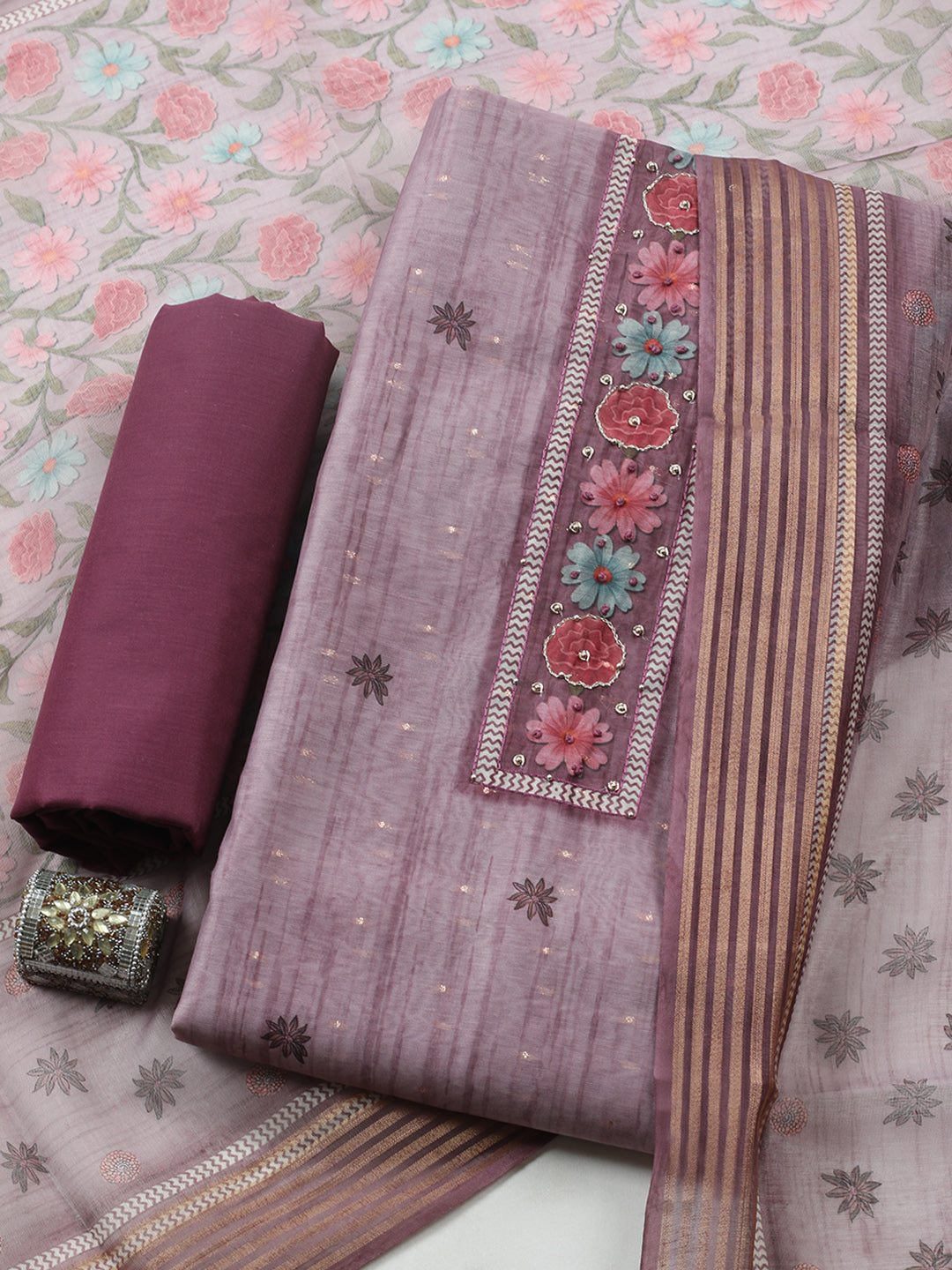Embroidered Cotton Blend Unstitched Suit With Pant &amp; Dupatta