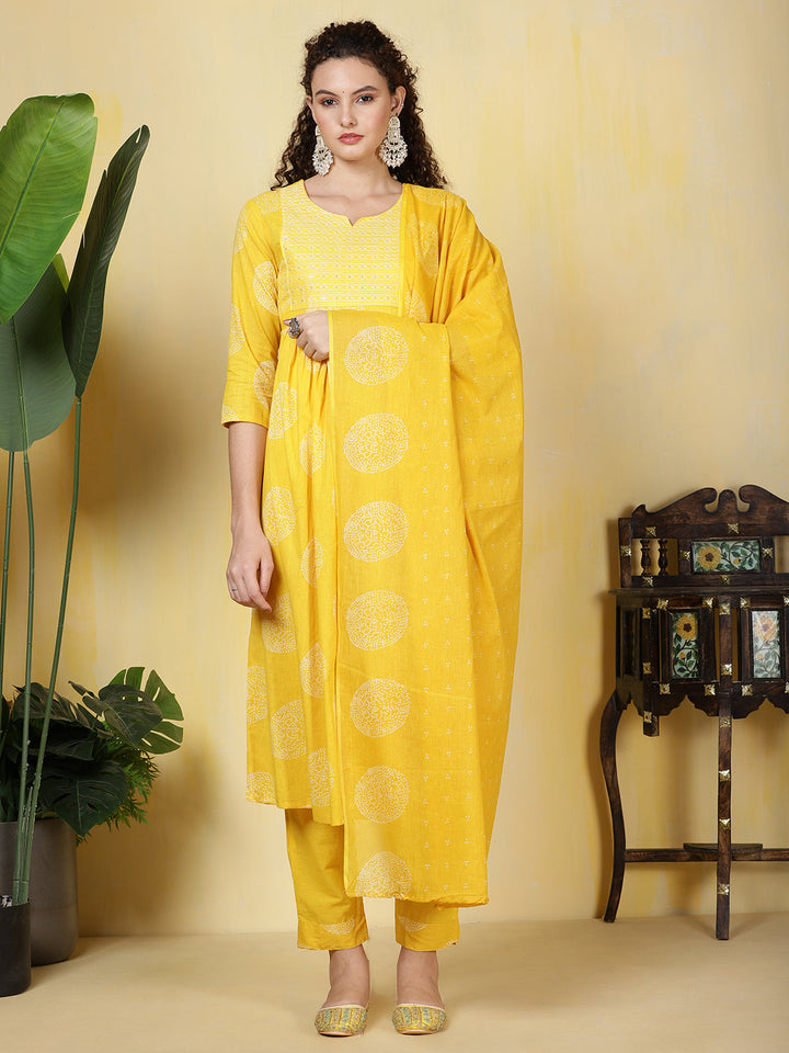 Printed Cotton Blend Kurta With Pants &amp; Dupatta