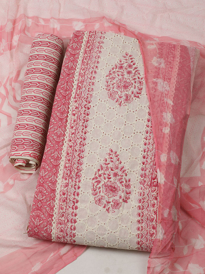 Embroidered Cotton Unstitched Suit With Pant Dupatta