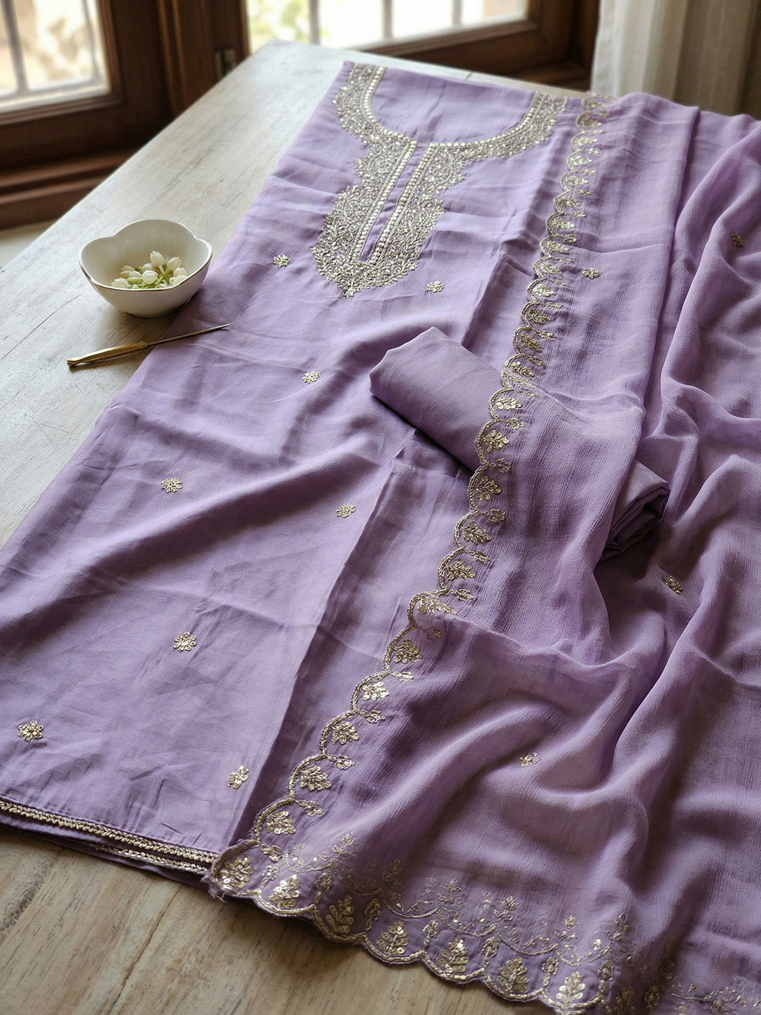 Embroidered Chanderi Unstitched Suit With Pant &amp; Dupatta