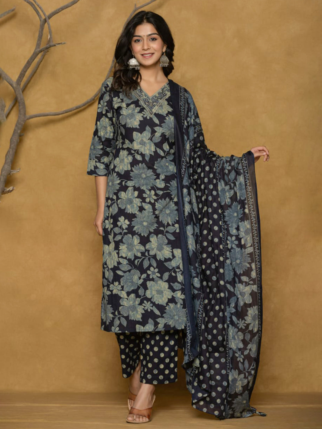 Printed Cotton Blend Kurta With Pants & Dupatta
