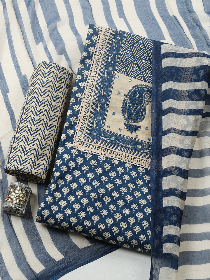 Embroidered Cotton Blend Unstitched Suit With Pant &amp; Dupatta