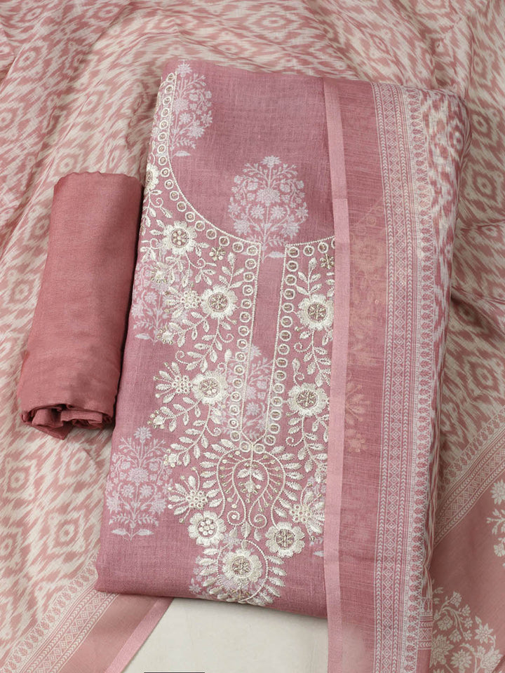 Embroidered Linen Blend Unstitched Suit With Pant &amp; Dupatta