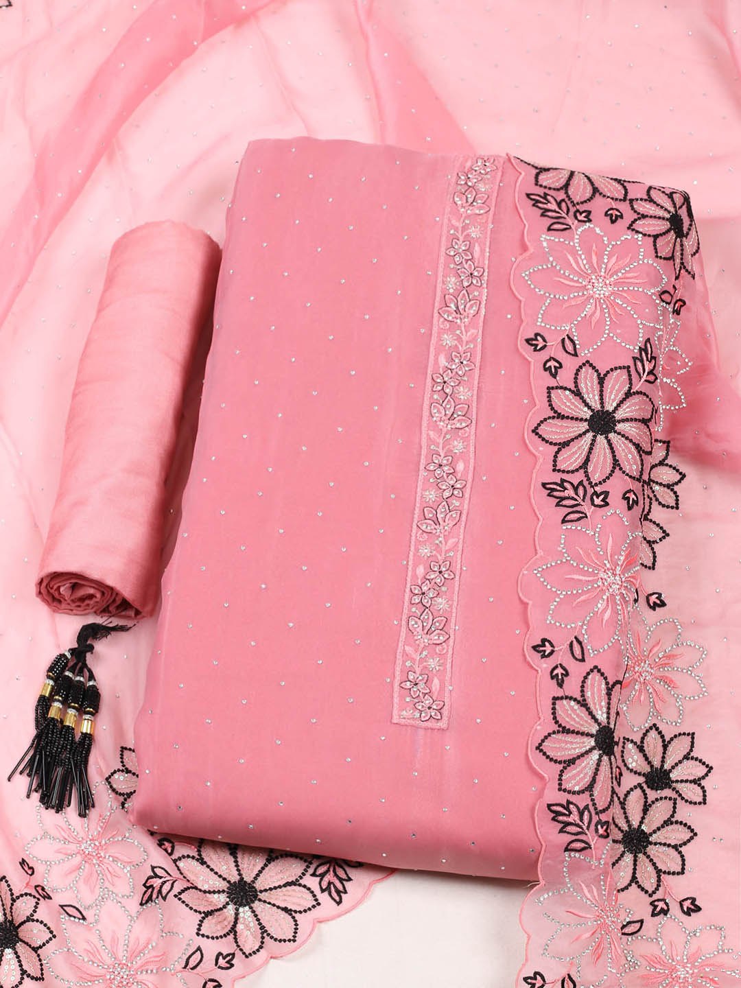 Embellished Organza Unstitched Suit With Pant &amp; Dupatta