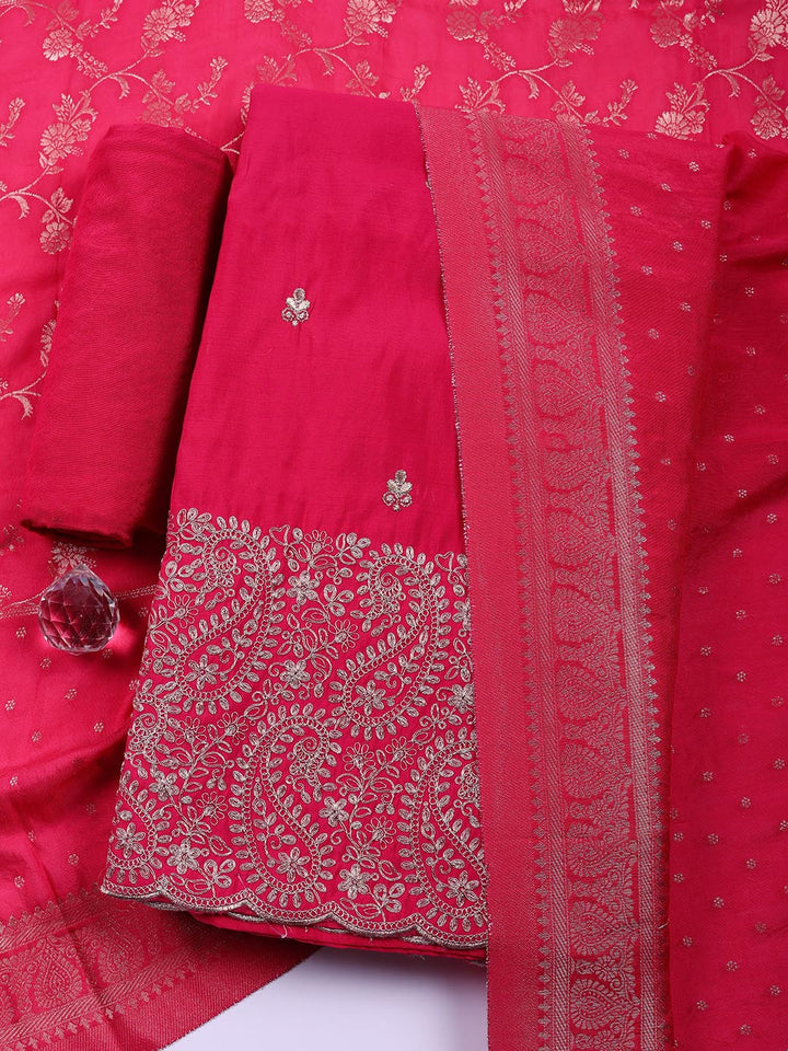Embroidered Chanderi Unstitched Suit With Pant &amp; Dupatta
