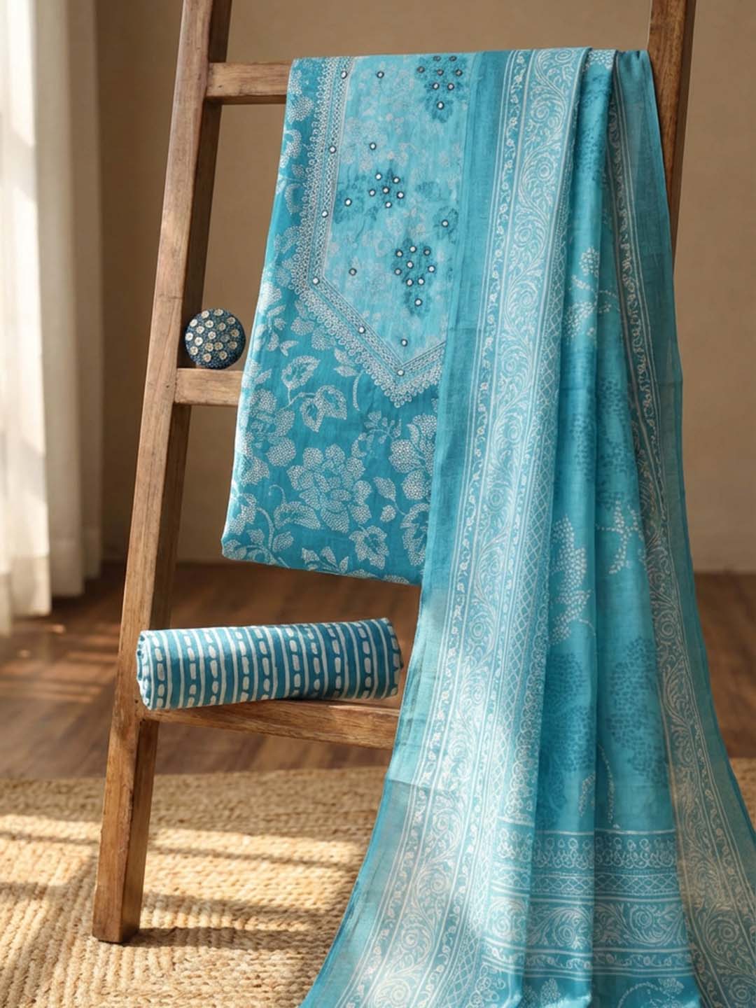 Printed Cotton Blend Unstitched Suit With Pant &amp; Dupatta