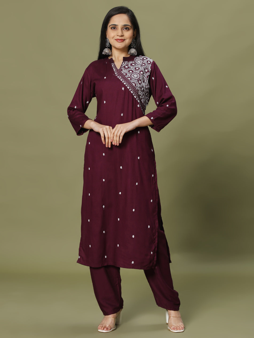 Resham Embroidery Cotton Blend Kurta With Pants