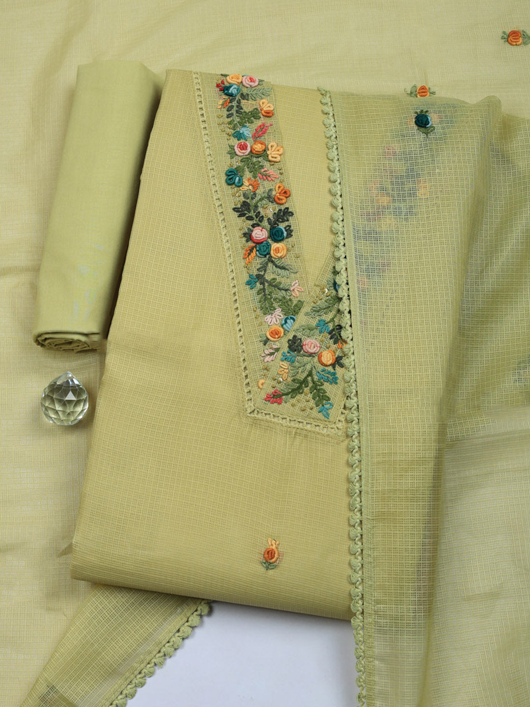 Embroidered Cotton Blend Unstitched Suit With Pant &amp; Dupatta