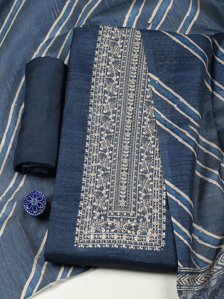 Embroidered Chanderi Unstitched Suit With Pant &amp; Dupatta