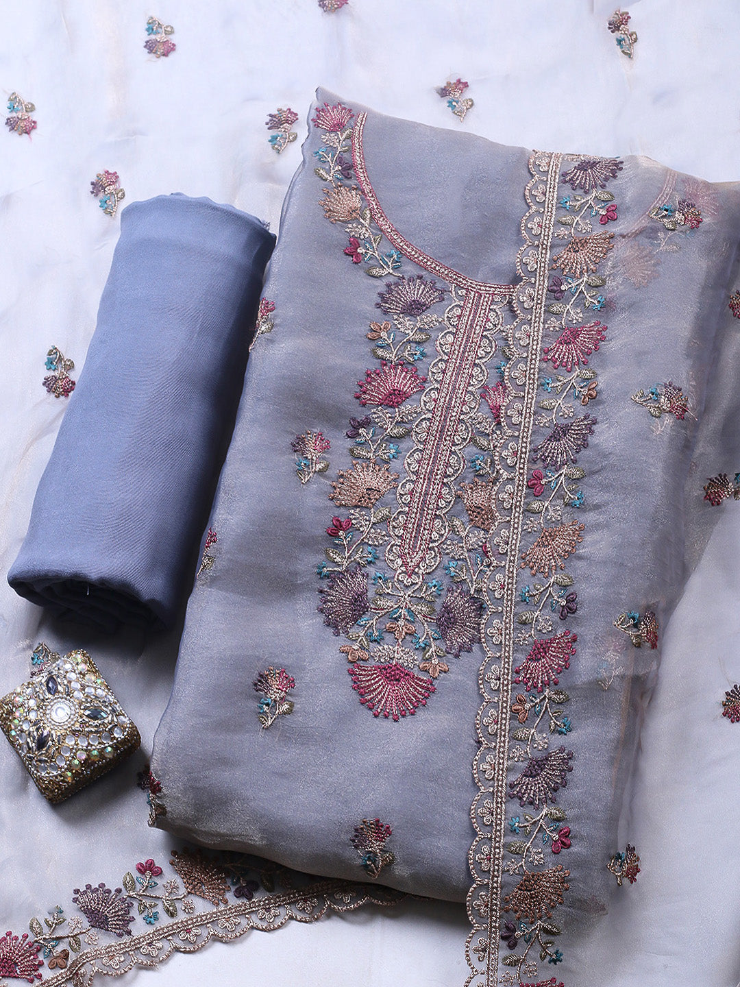 Embroidered Organza Unstitched Suit With Pant &amp; Dupatta