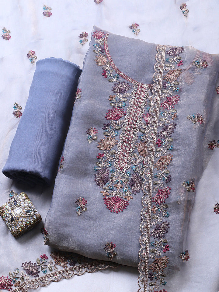 Embroidered Organza Unstitched Suit With Pant &amp; Dupatta