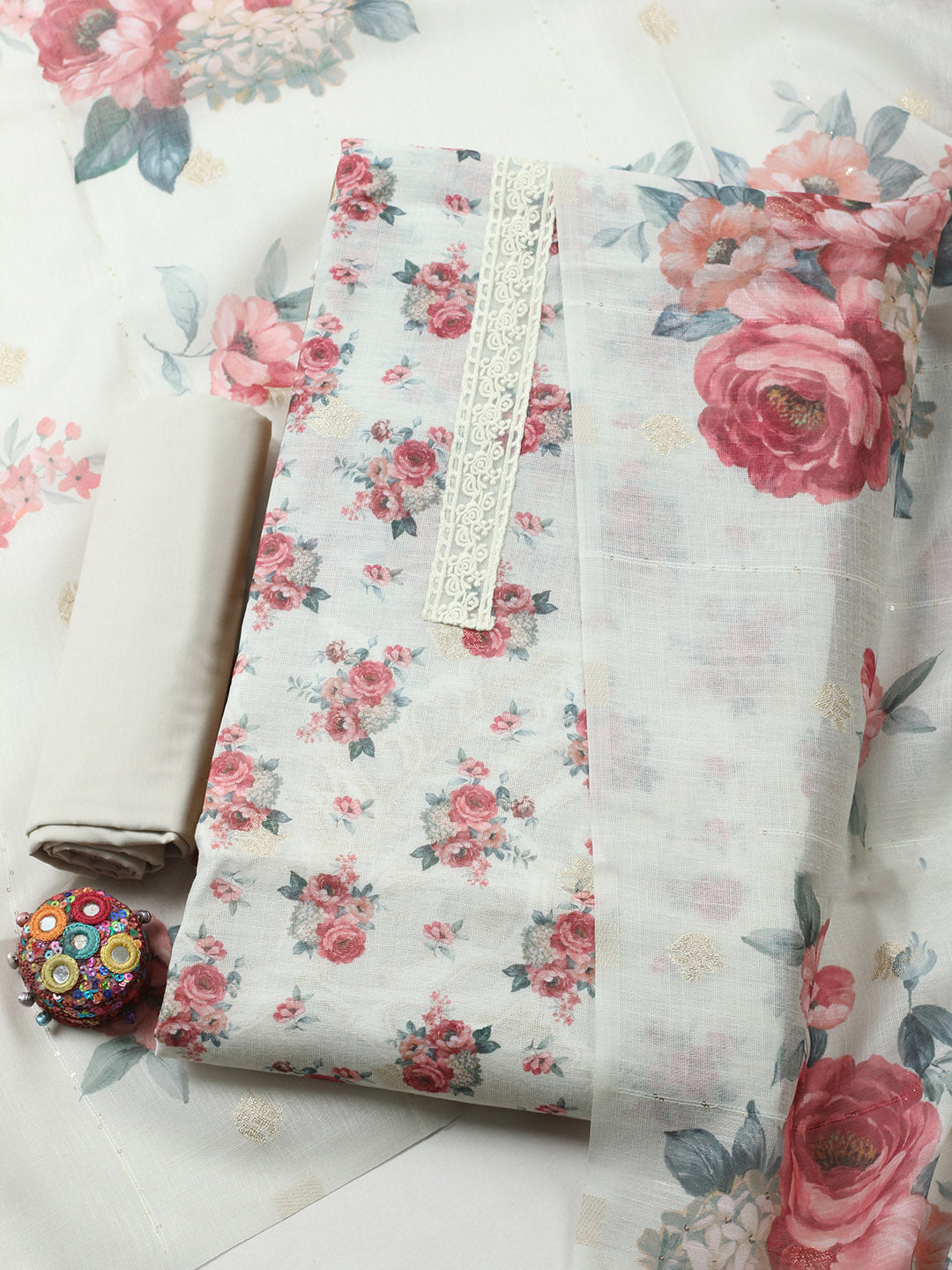 Embroidered Linen Blend Unstitched Suit With Pant &amp; Dupatta