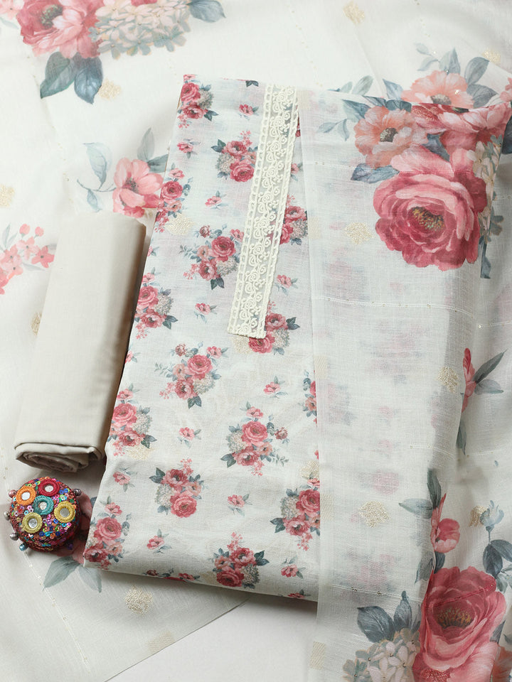Embroidered Linen Blend Unstitched Suit With Pant &amp; Dupatta