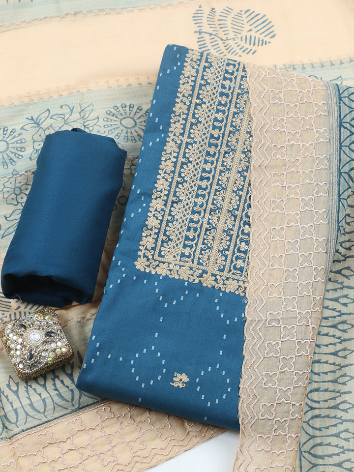 Embroidered Cotton Blend Unstitched Suit With Pant &amp; Dupatta