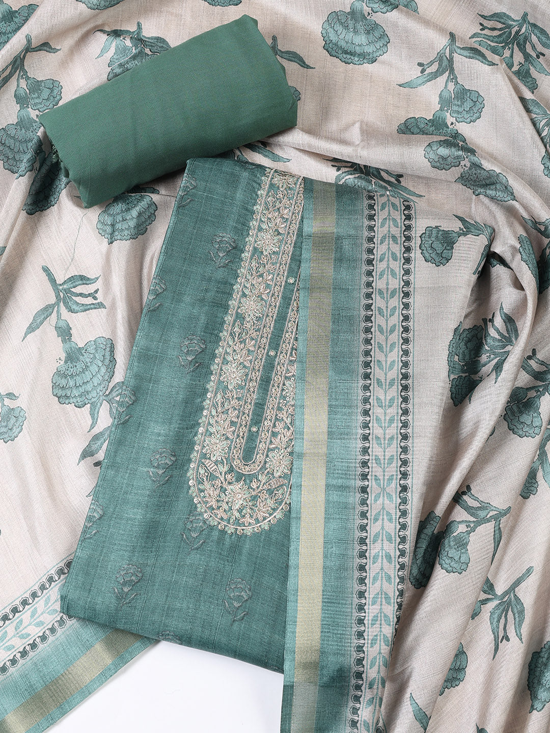 Printed Chanderi Unstitched Suit With Dupatta
