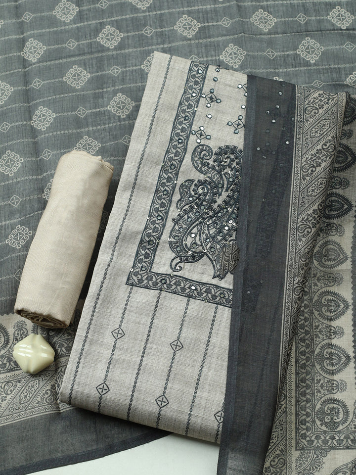 Embroidered Cotton Blend Unstitched Suit With Pant &amp; Dupatta