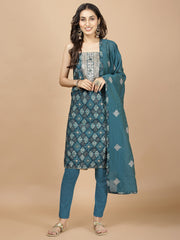 Printed &Neck Embroidery Cotton Unstitched Suit Piece With Dupatta