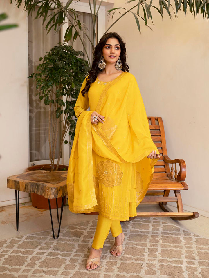 Embroidered Silk Kurta With Pant &amp; Dupatta