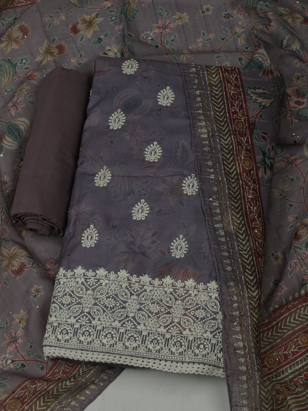 Embroidered Cotton Unstitched Suit With Pant &amp; Dupatta