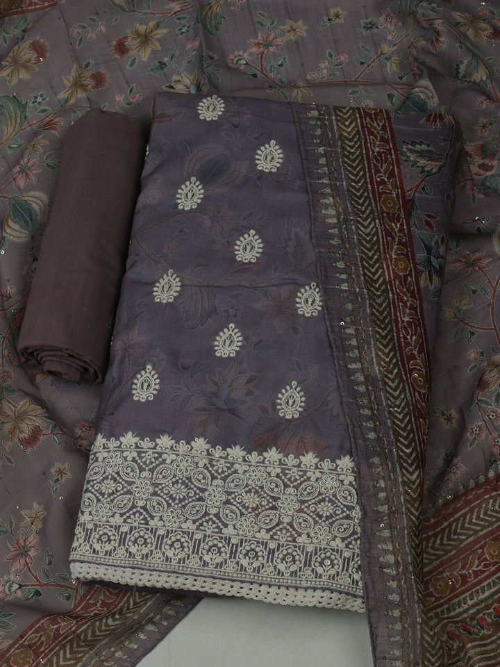 Embroidered Cotton Unstitched Suit With Pant &amp; Dupatta