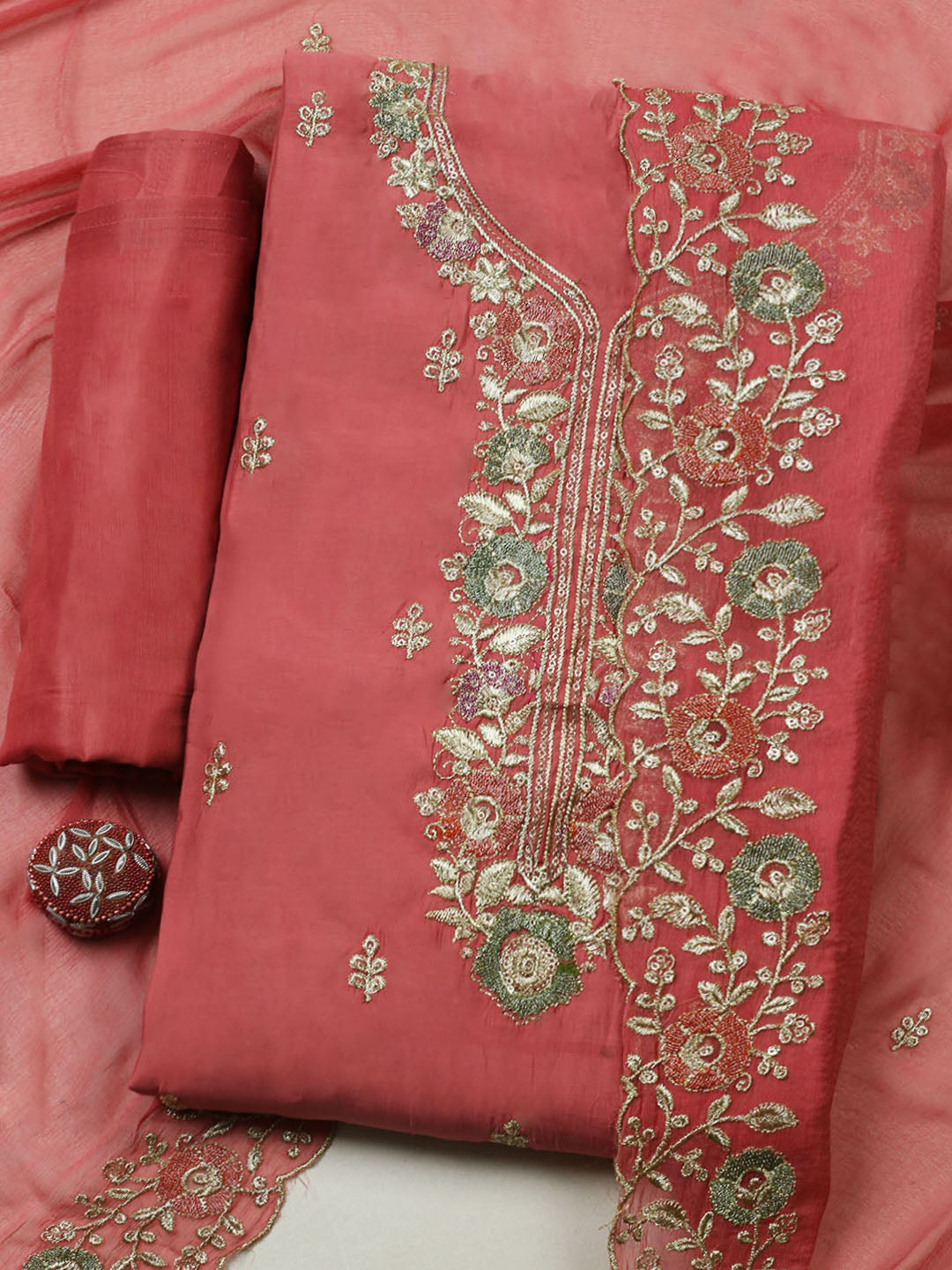 Embroidered Chanderi Unstitched Suit With Pant &amp; Dupatta