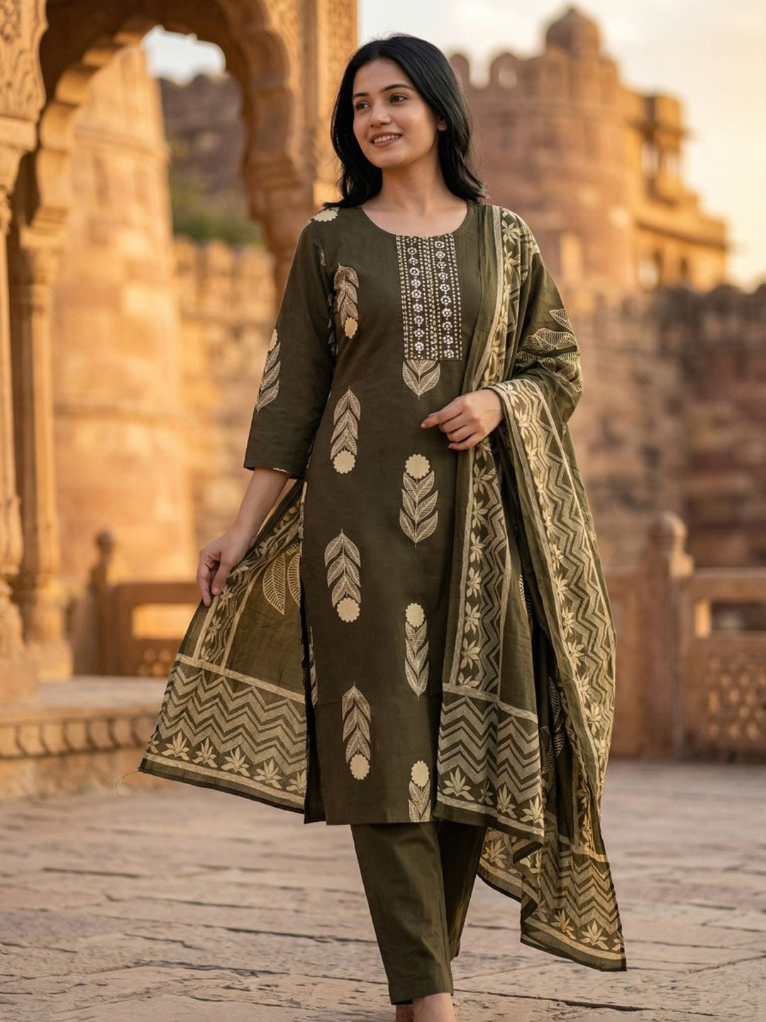 Green Embroidered Cotton Blend Straight Suit Set With Dupatta