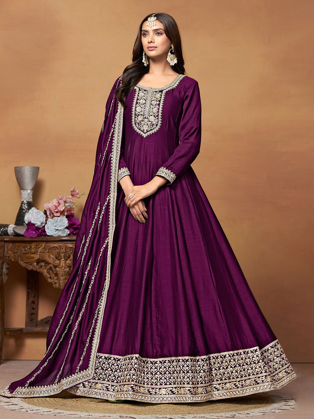 Embroidered Art Silk Semi Stitched Kurta With Salwar &amp; Dupatta