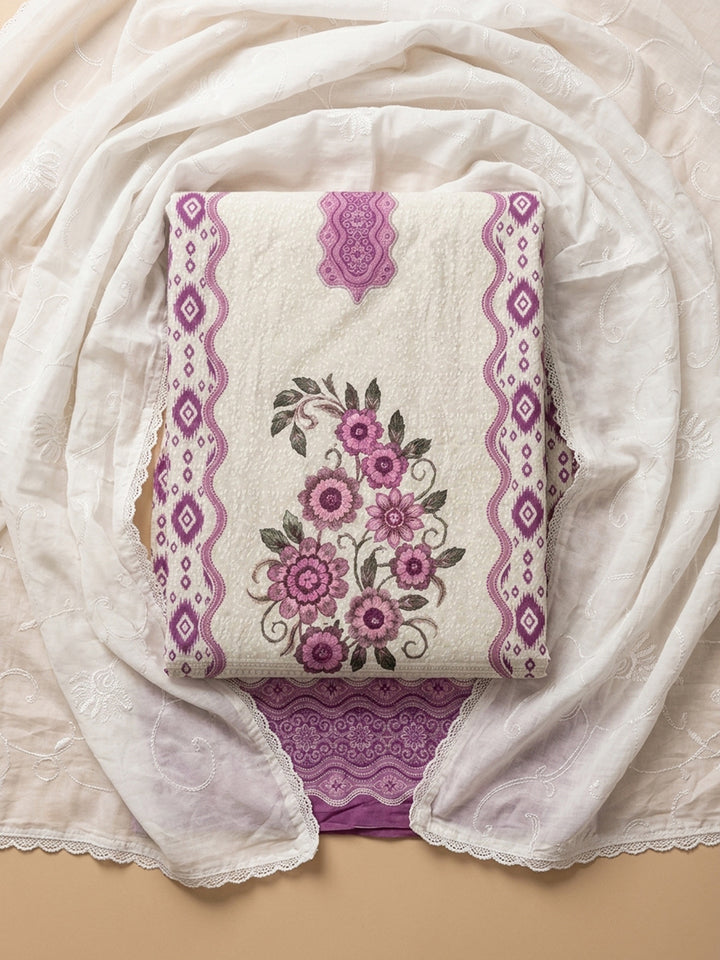 Purple Printed Cotton Blend Unstitched Suit With Pant &amp; Dupatta