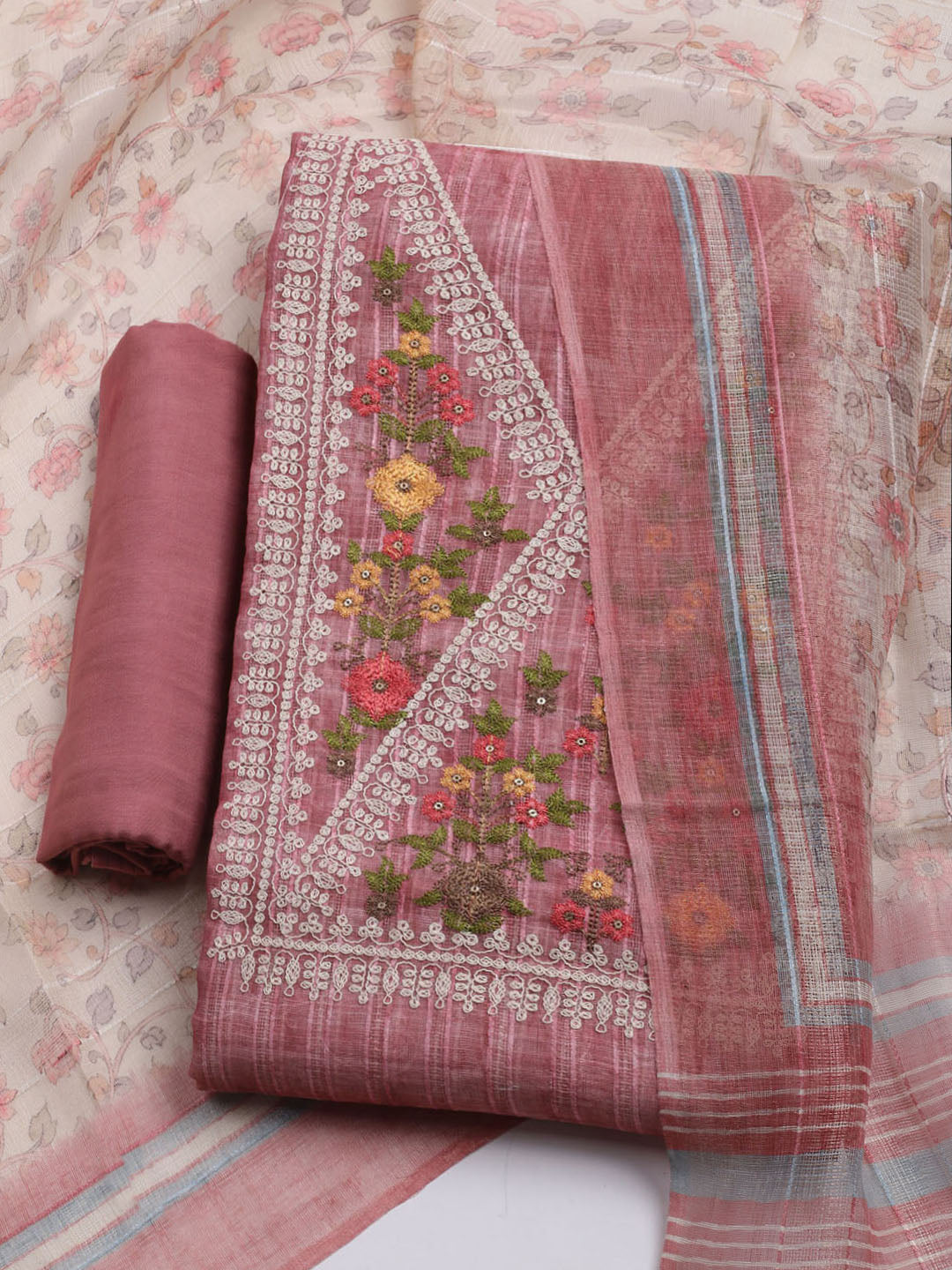 Embroidered Linen Unstitched Kurta With Pant & Dupatta