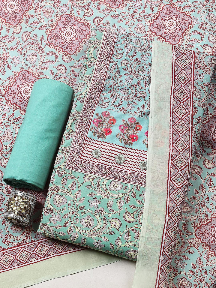 Printed Cotton Blend Unstitched Suit With Pant &amp; Dupatta