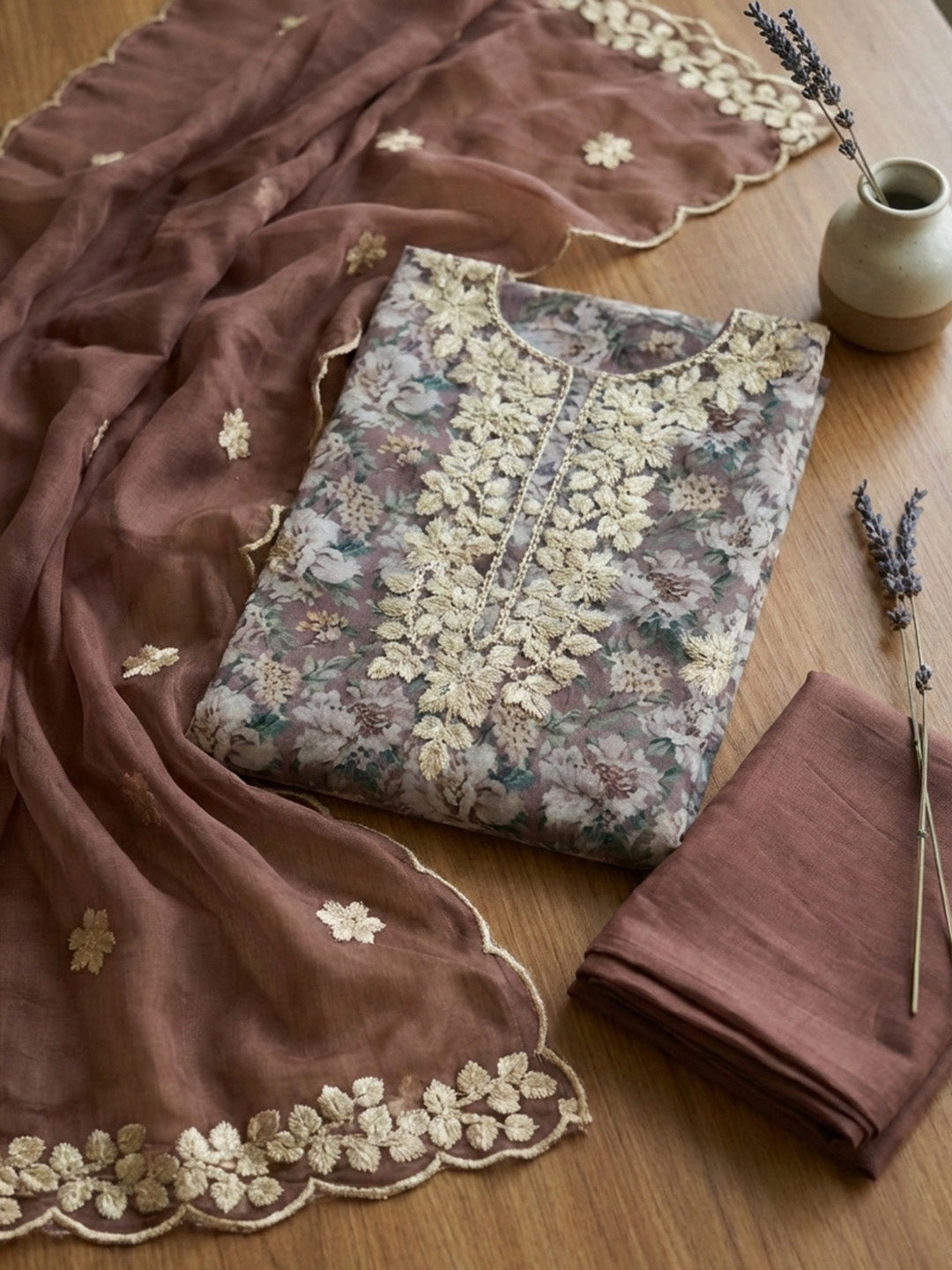 Printed Cotton Blend Unstitched Suit With Pant &amp; Dupatta
