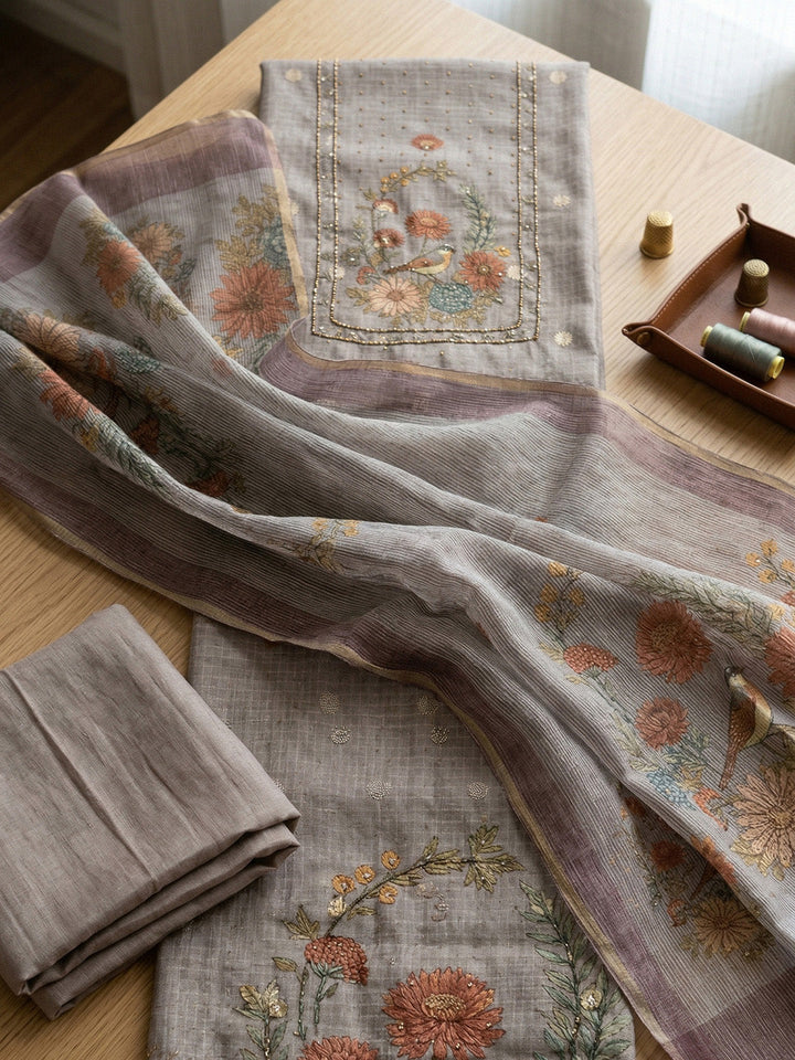 Embroidered Cotton Blend Unstitched Suit With Pant &amp; Dupatta