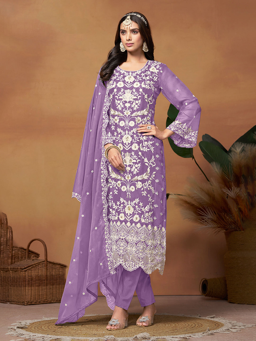 Embroidered Organza Semi Stitched Kurta With Pant &amp; Dupatta