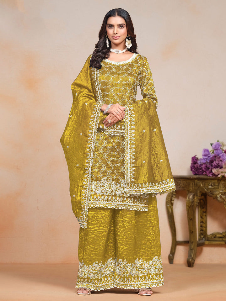 Embroidered Gold Crush Semi Stitched Kurta With Plazzo &amp; Dupatta