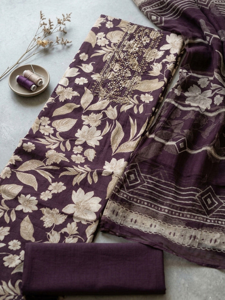 Printed Cotton Blend Unstitched Suit With Pant &amp; Dupatta