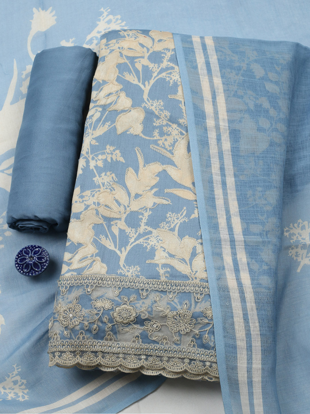Embroidered Cotton Blend Unstitched Suit With Pant &amp; Dupatta