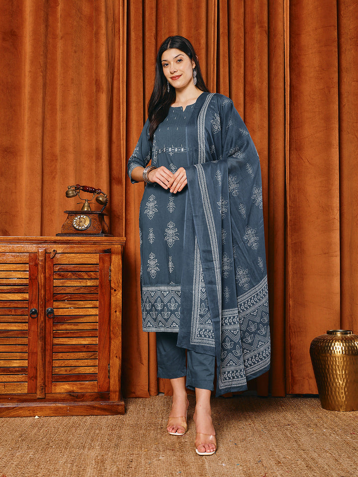 Printed Cotton Blend Kurta With Pants &amp; Dupatta