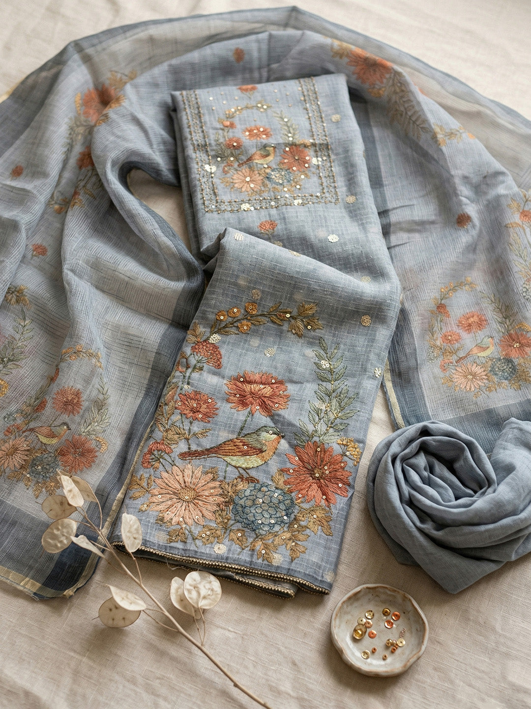 Embroidered Cotton Blend Unstitched Suit With Pant &amp; Dupatta